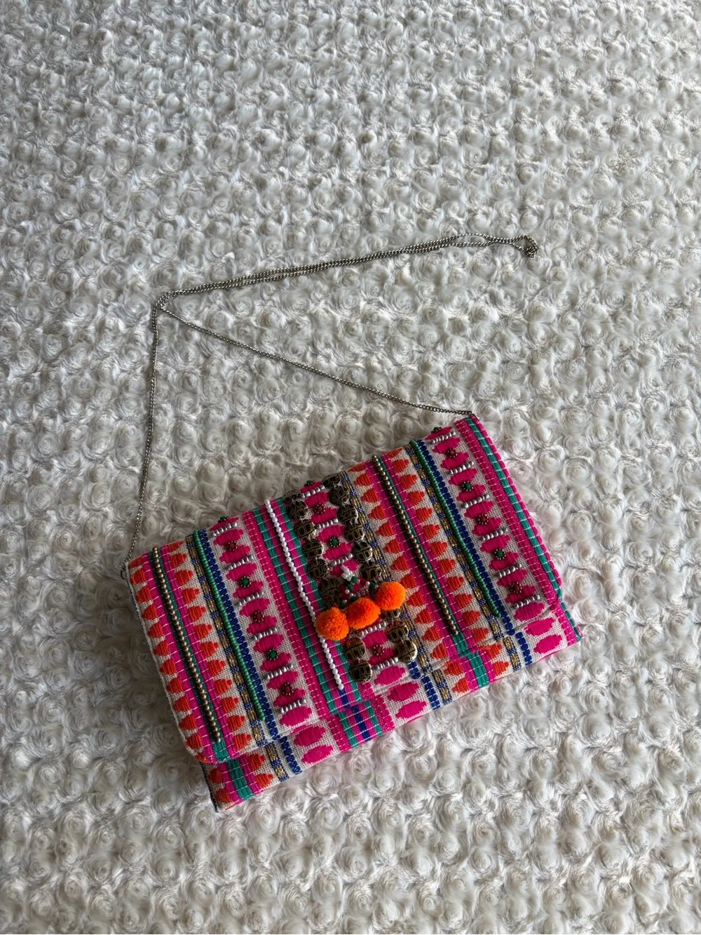 New Charade Handwoven Pink Multicolor Pom-Pom Crossbody Clutch
